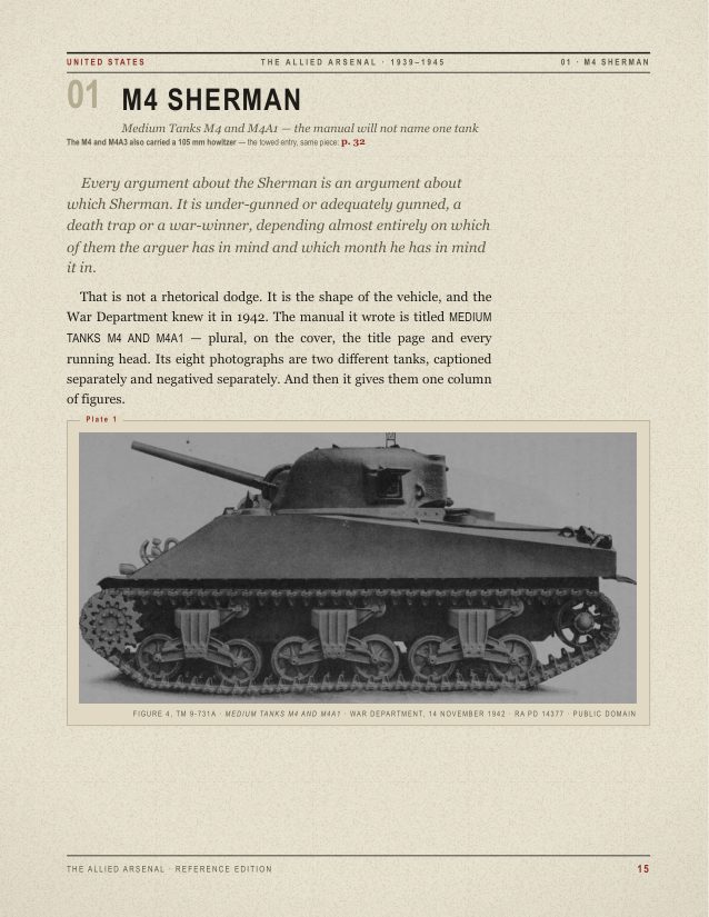 Folio 15, the M4 Sherman entry opener. A red 01 sits beside the heading M4 SHERMAN, subtitled 'Medium Tanks M4 and M4A1 — the manual will not name one tank'. Two paragraphs of text sit above Plate 1, a side view of an M4 Sherman credited beneath it to Figure 4, TM 9-731A, War Department, 14 November 1942, negative RA PD 14377, public domain.